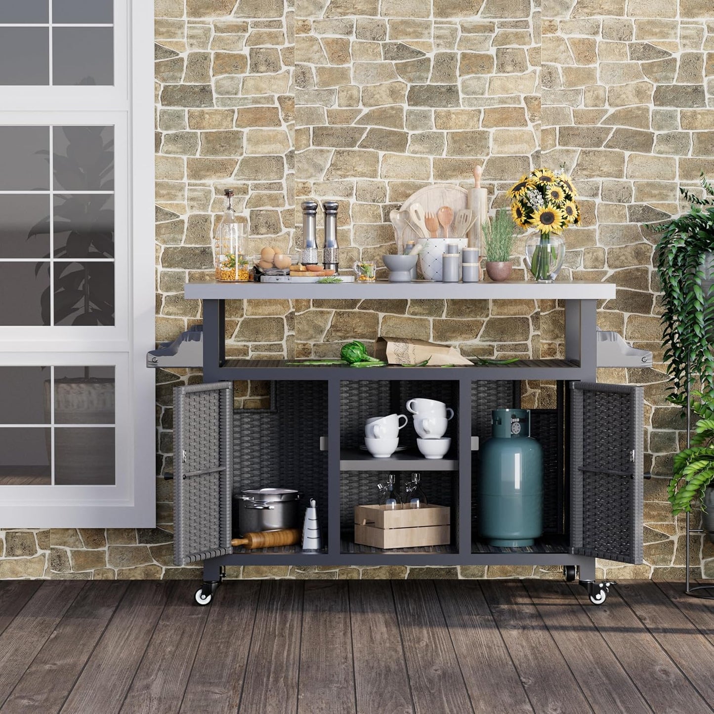 YODOLLA Rattan Outdoor Bar Cart with Wheels and Storage, Gray