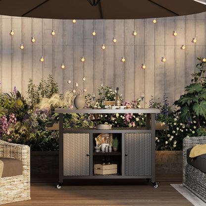 YODOLLA Rattan Outdoor Bar Cart with Wheels and Storage, Gray