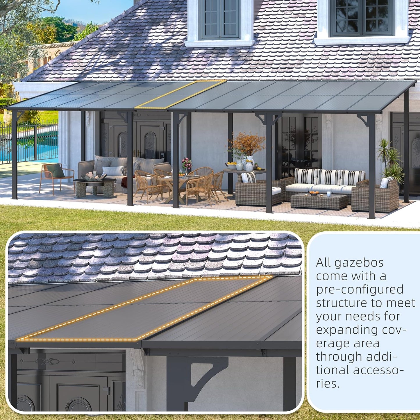 YODOLLA 8' x 8' Lean to Gazebo Pergola for Patio, Dark Grey