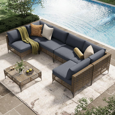 YODOLLA rattan furniture set brown and grey