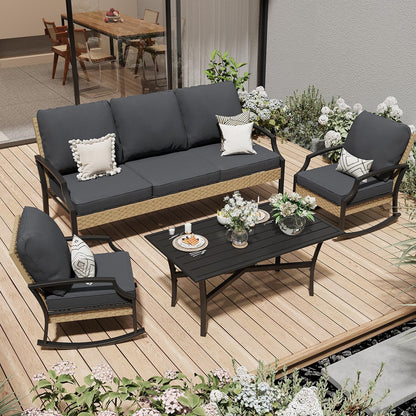 YODOLLA Outdoor Patio Furniture Set, 4 Piece Rattan Conversation Bistro Set with Coffee Table