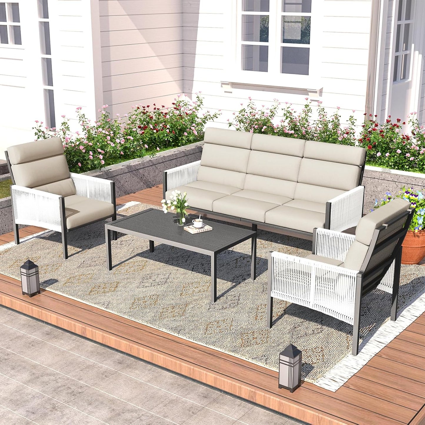 YODOLLA 4 Pieces Aluminum Patio Furniture Set with PE Rope Armrest, Beige