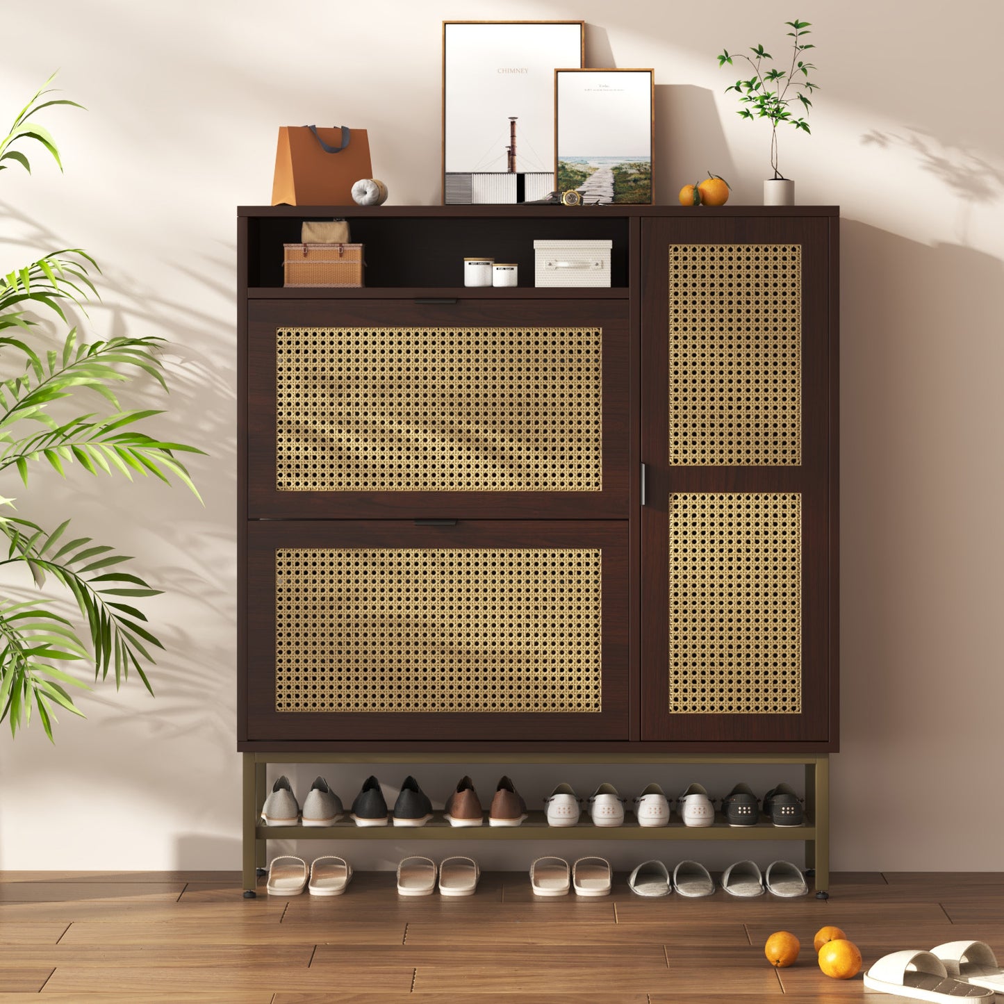 YODOLLA Rattan Shoe Cabinet with 3 Flip Drawers, Brown
