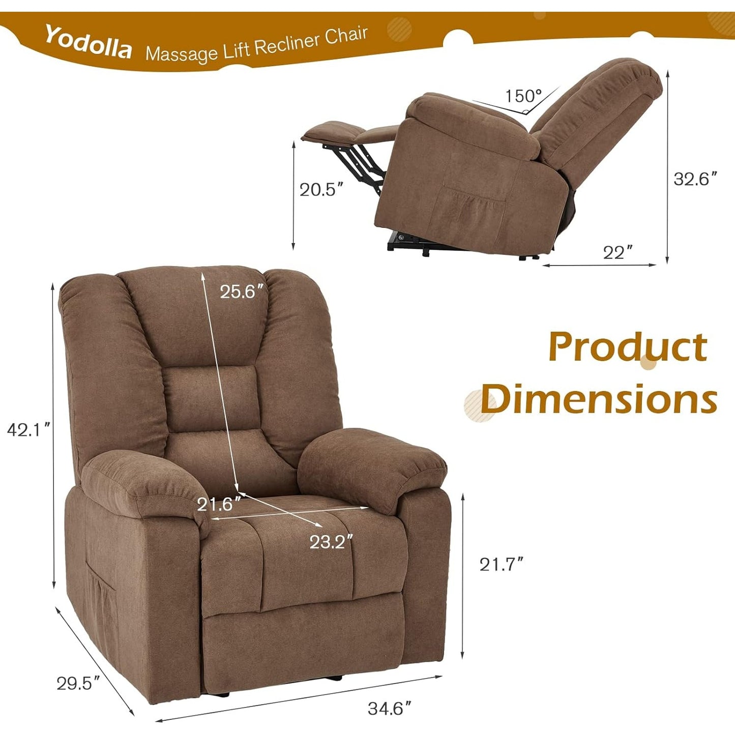 YODOLLA Massage Power Lift Recliner for Elderly, Electric Lift Chair, Clay