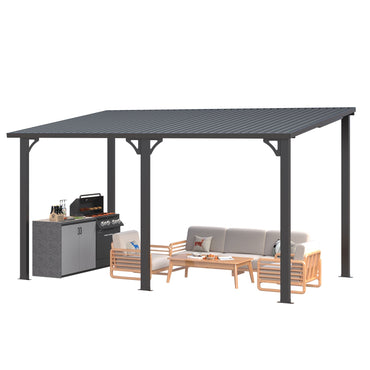YODOLLA 14' x 8' Outdoor Hardtop Metal Gazebo Lean to Galvanized Steel Wall Mounted Pergolas