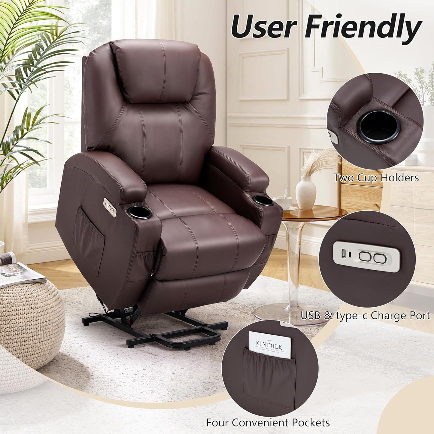 YODOLLA Power Lift Recliner Chair for Elderly with Side Pockets, PU Leather, Brown