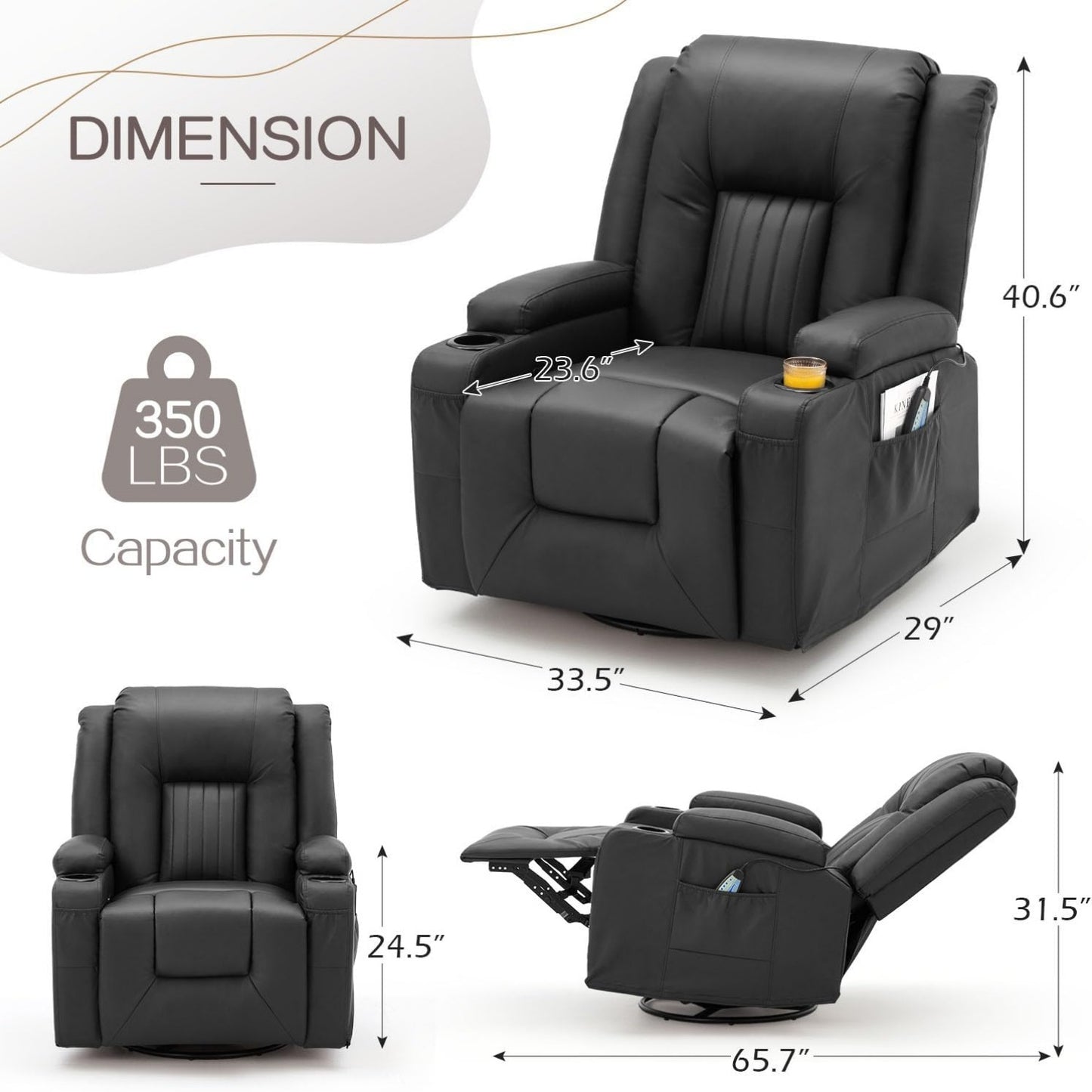 YODOLLA Recliner Chair with Heat&Massage, PU Leather Black