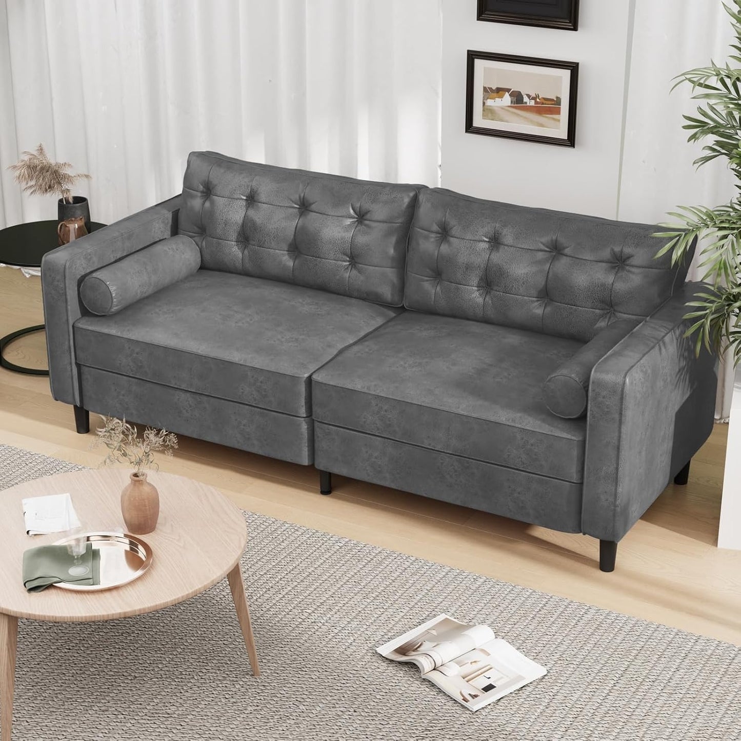 YODOLLA 84.2" 3-Seats Large Sofa Couch Couch, Faux Leather Gray