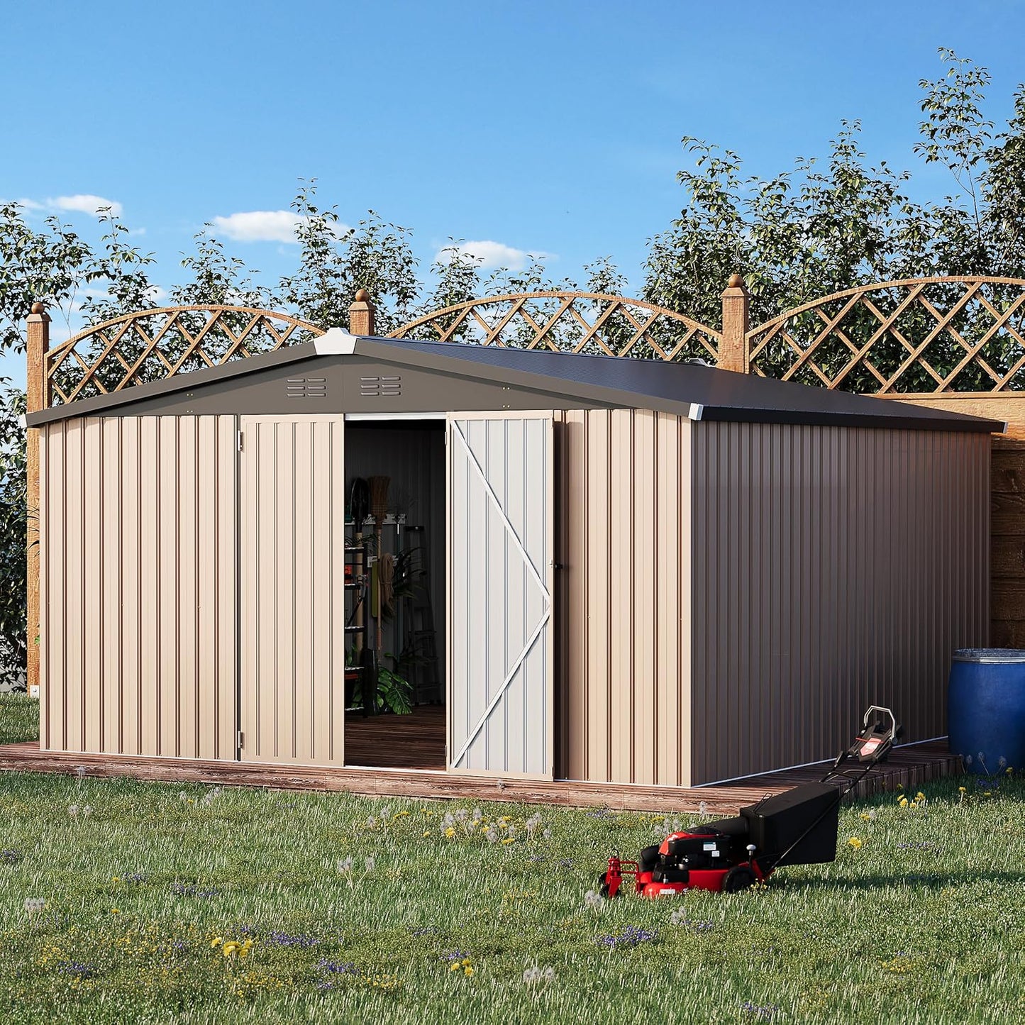 YODOLLA 10' x 10' Shed Outdoor Storage Shed with Lockable Doors, Grey