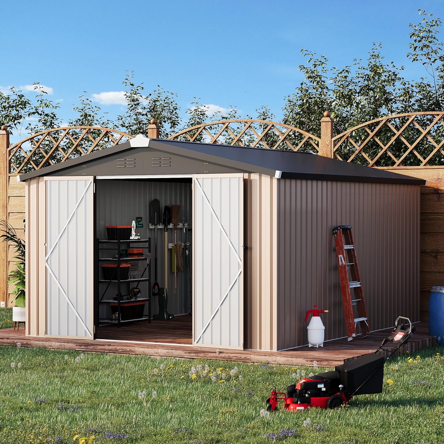 YODOLLA 10x14 Metal Outdoor Storage Garden Shed, Gray