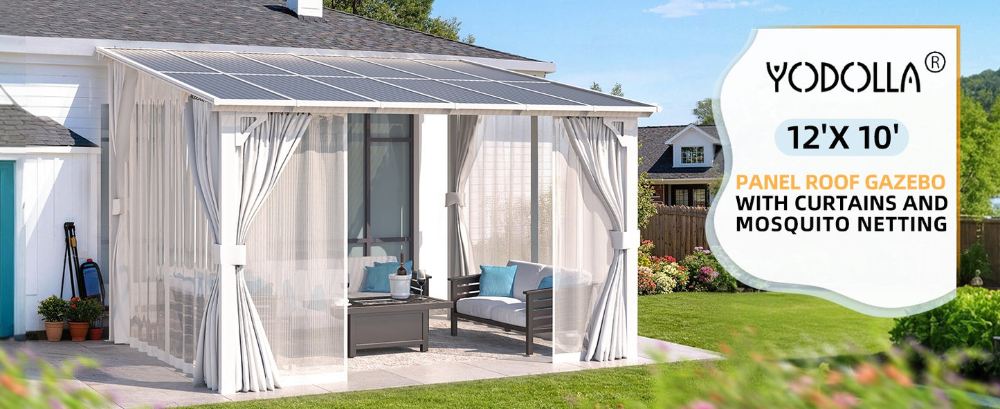 YODOLLA 12'x10' Outdoor Lean to Gazebo Pergola with Curtain and Netting for Patio, White