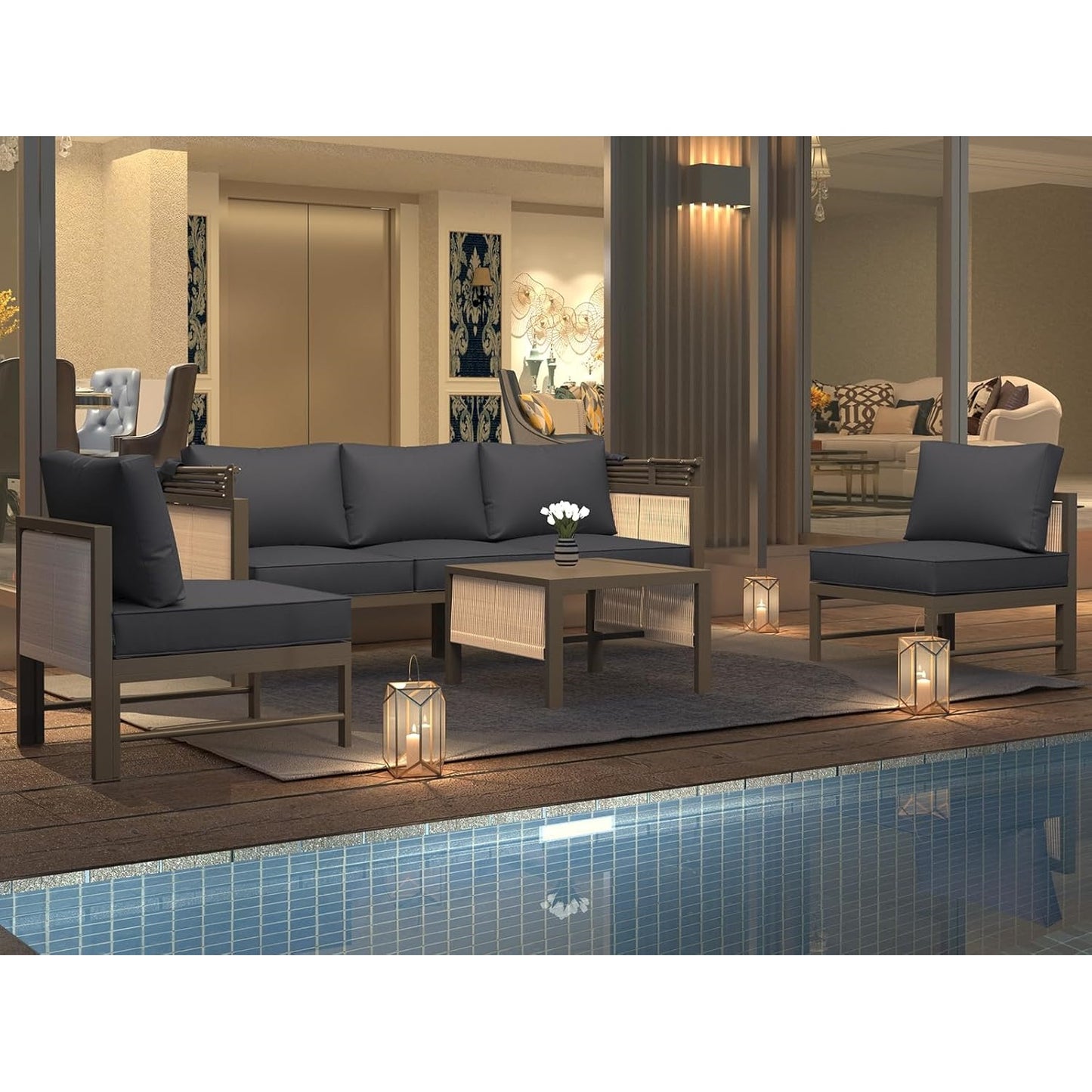 YODOLLA 4 Pieces Aluminum Patio Furniture Set, Retractable Canopy, Dark Grey