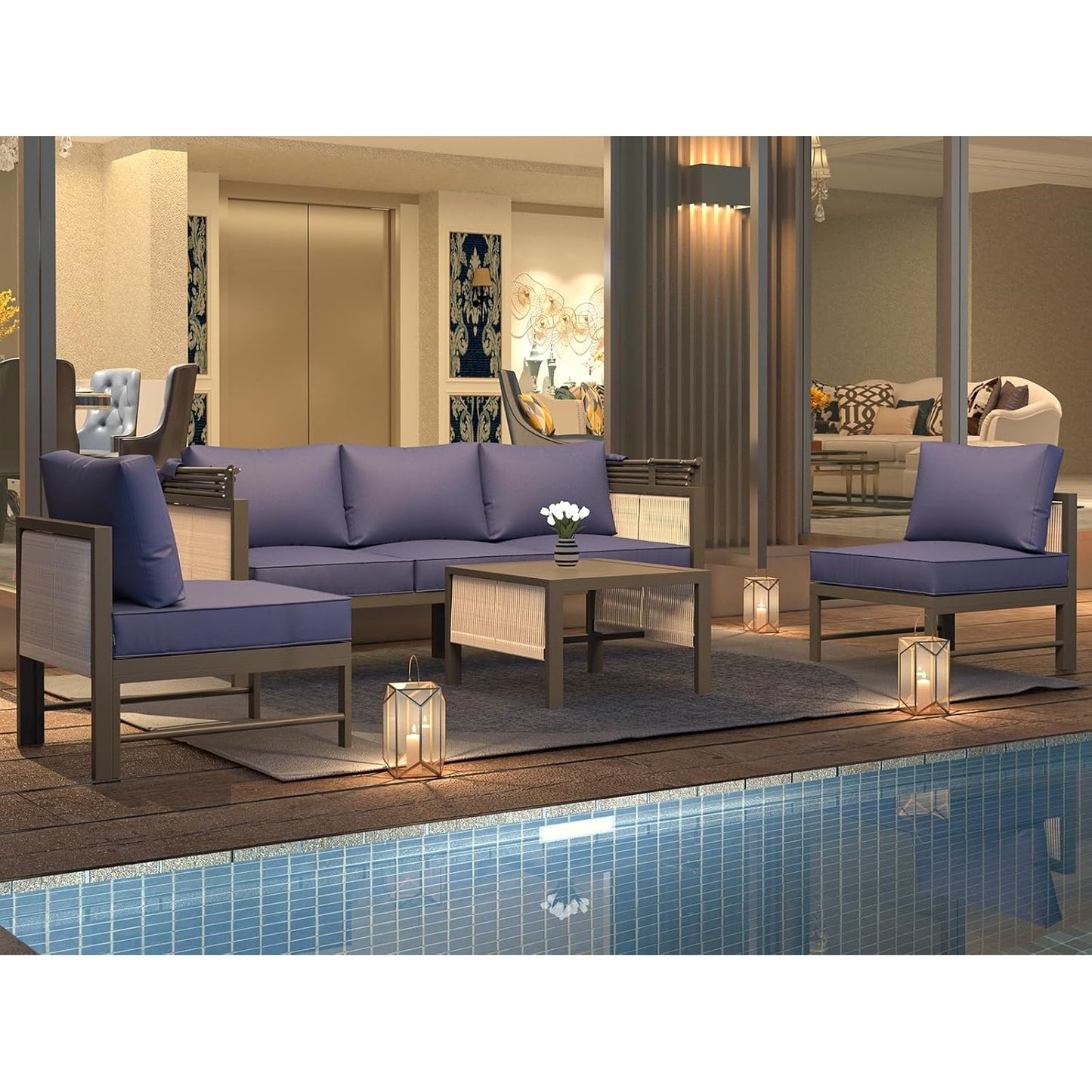 YODOLLA 4 Pieces Aluminum Patio Furniture Set, Retractable Canopy, Dark Blue