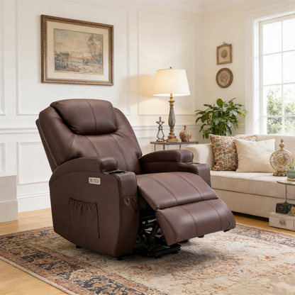 YODOLLA Power Lift Recliner Chair for Elderly with Side Pockets, PU Leather, Brown
