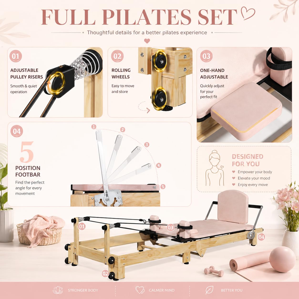 YODOLLA 92" Pilates Reformer Foldable Wooden-Look Pilates Machines for Gym