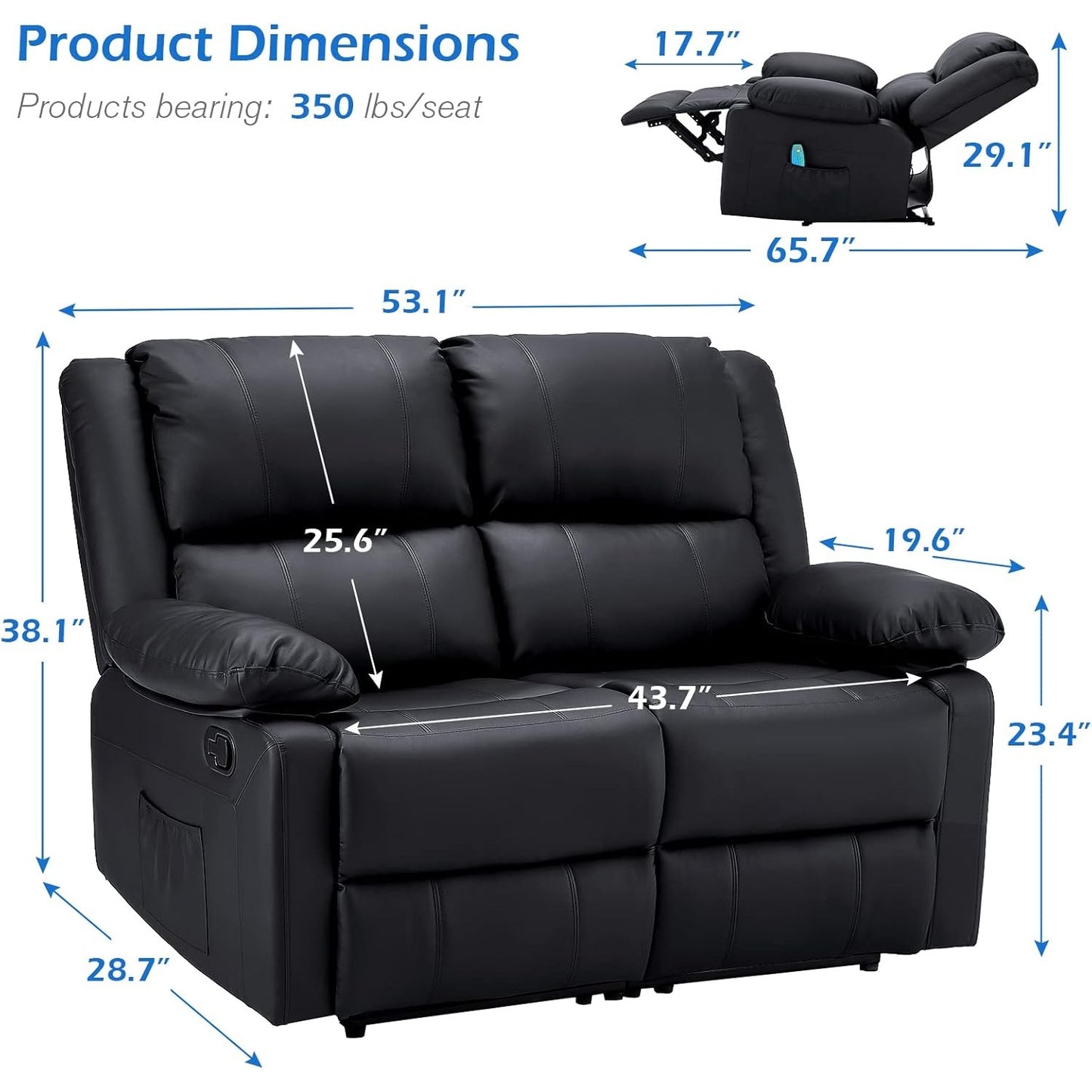 YODOLLA 2 Seat Loveseat Recliner with Heat&Massage Function, Faux Leather