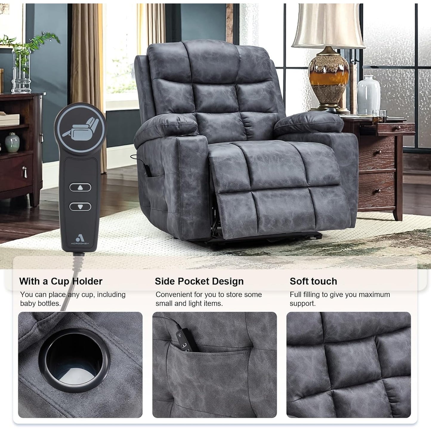 YODOLLA Wide Armrests Electric Recliner Nursery Chair, Faux Leather, Gray Blue