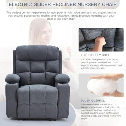 YODOLLA Wide Armrests Electric Recliner Nursery Chair, Linen Leather, Gray Blue