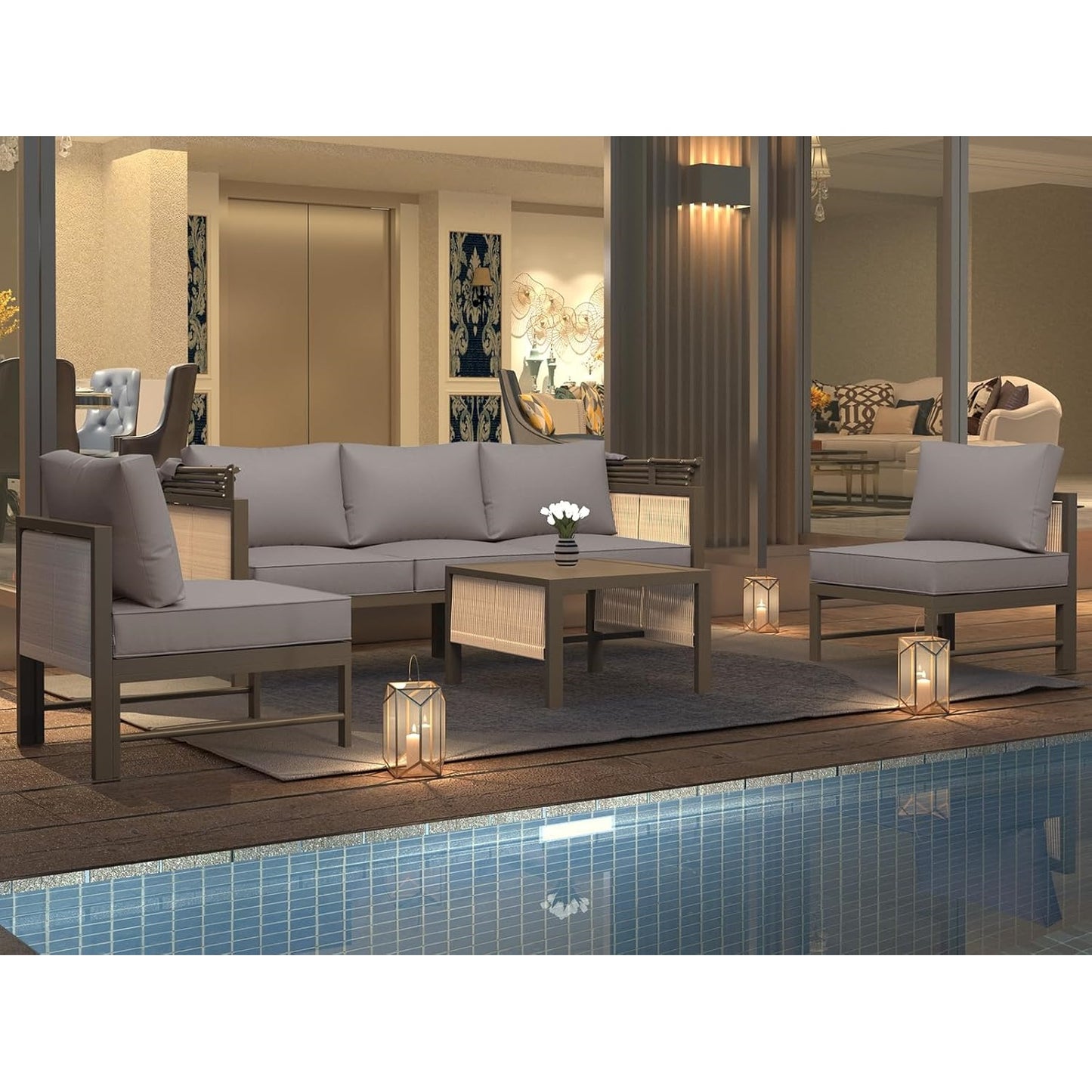 YODOLLA 4 Pieces Aluminum Patio Furniture Set, Retractable Canopy, Beige