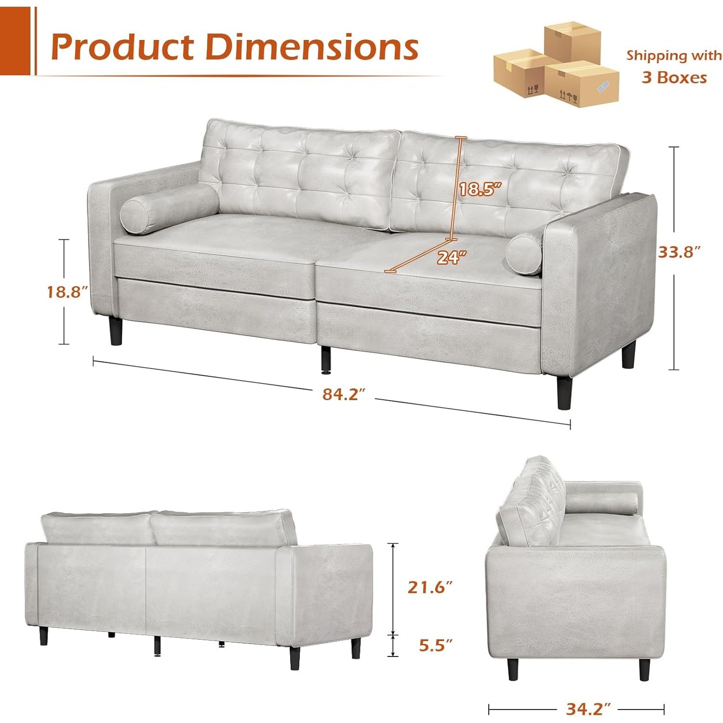 YODOLLA 84.2" 3-Seats Large Sofa Couch Couch, Faux Leather White