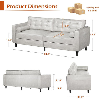 YODOLLA 84.2" 3-Seats Large Sofa Couch Couch, Faux Leather White