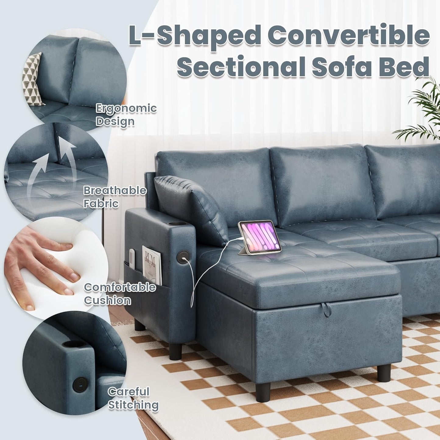 YODOLLA Faux Leather L-Shaped Sleeper Sofa, Pullout Bed, USB & Storage, Blue