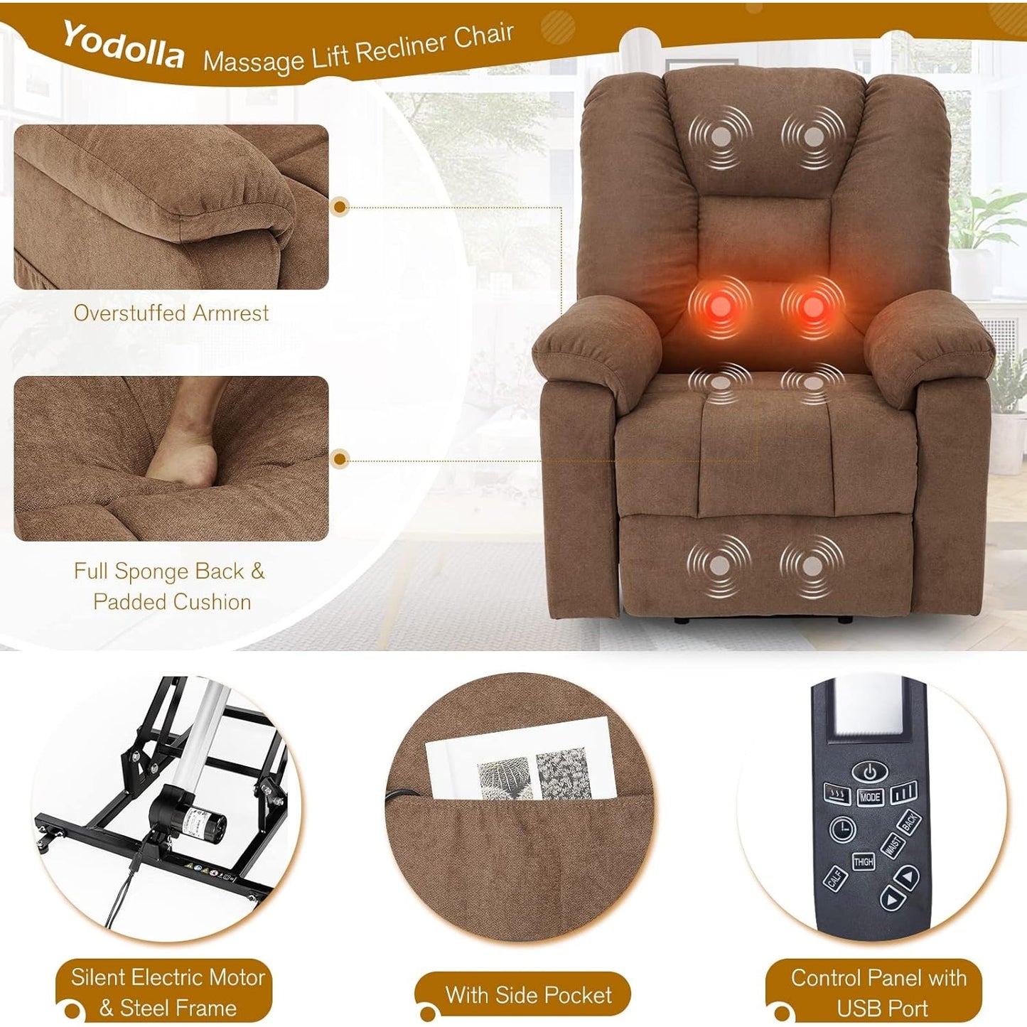 YODOLLA Massage Power Lift Recliner for Elderly, Electric Lift Chair, Clay