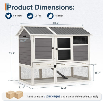YODOLLA 83'' Large Chicken Coop with 4 Nesting Boxes, Grey & White