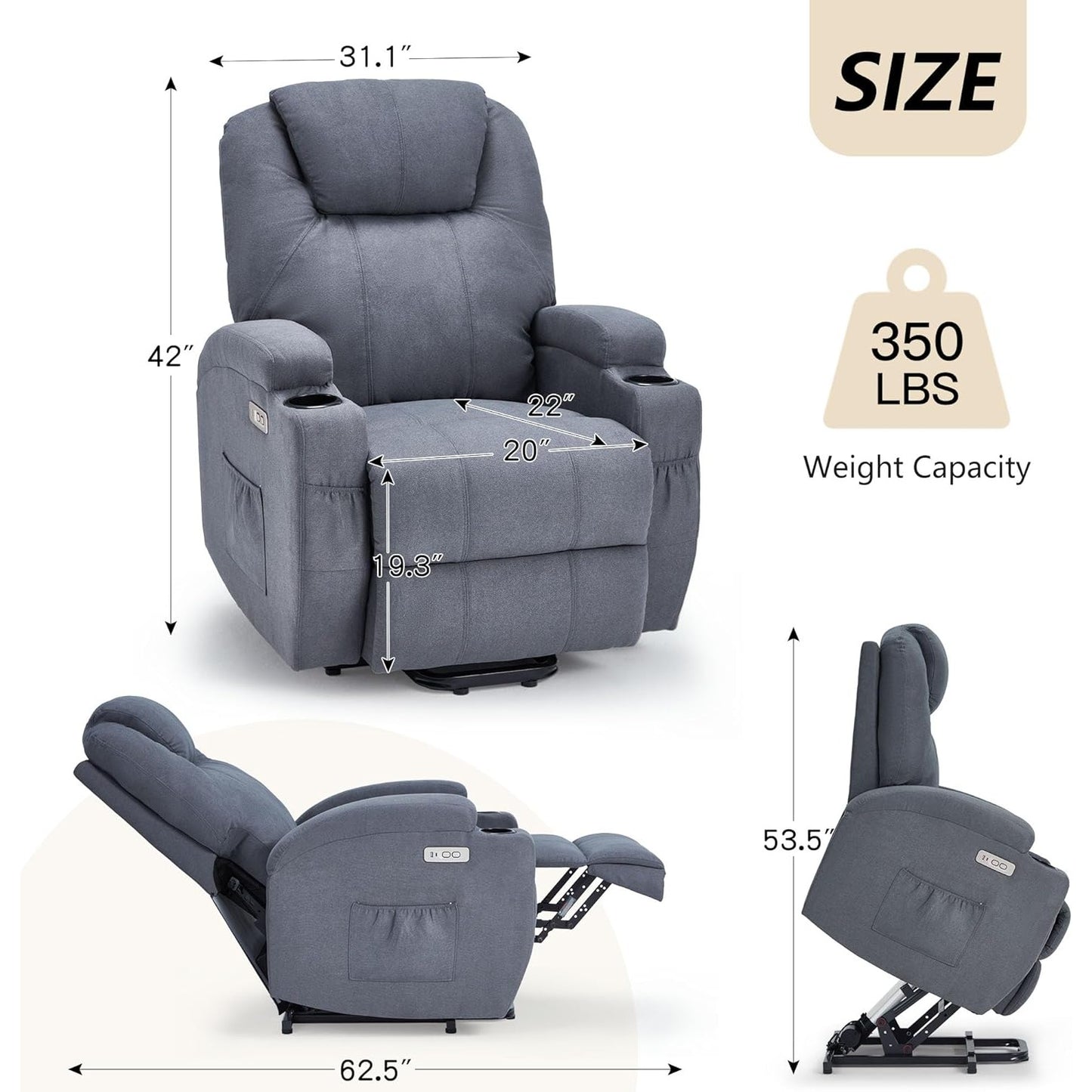 YODOLLA Power Lift Recliner Chair for Elderly with Side Pockets, Fabric, Blue