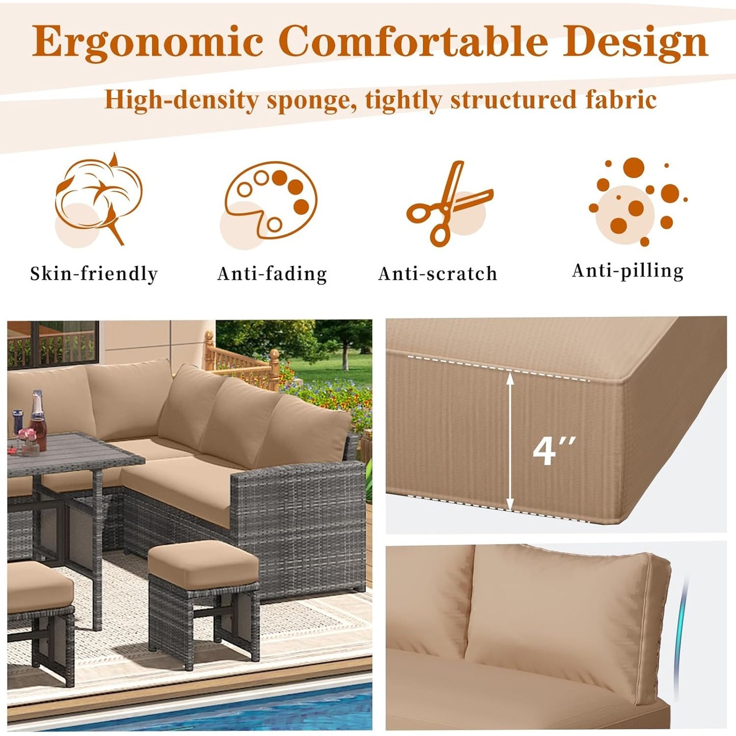 YODOLLA Outdoor Cushions, Fits 7-Seats Sectional Rattan Conversation Set, Memory Foam Cushions and Covers (Beige)