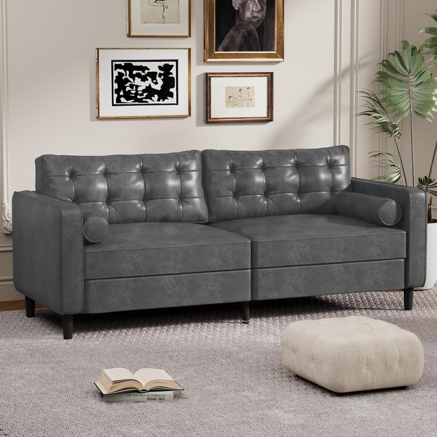 YODOLLA 84.2" 3-Seats Large Sofa Couch Couch, Faux Leather Gray