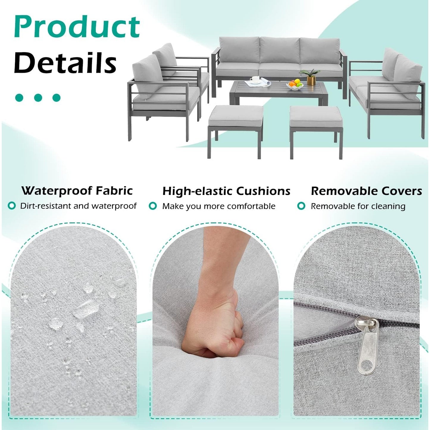 YODOLLA 7 Pieces Aluminum Patio Furniture Set, Gray