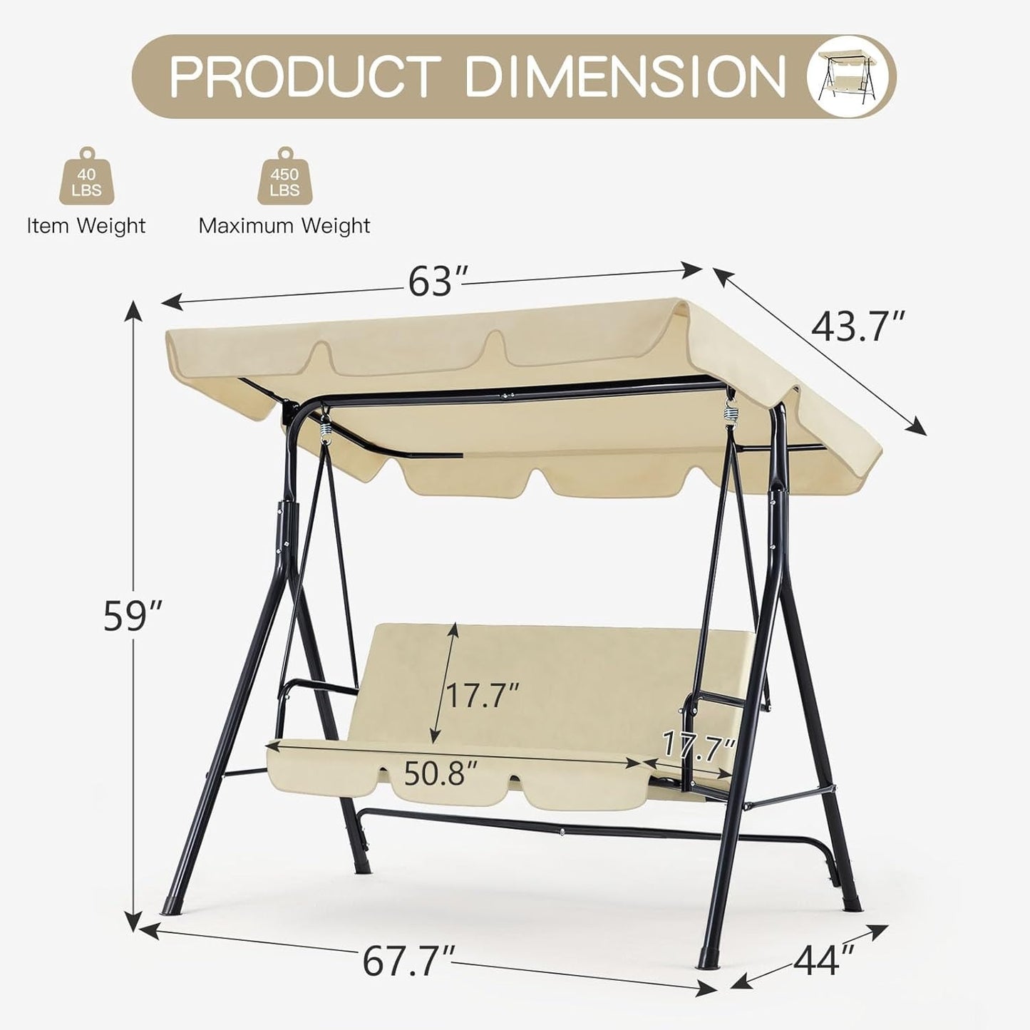 YODOLLA 3-Seat Outdoor Patio Swing with Canopy, Beige