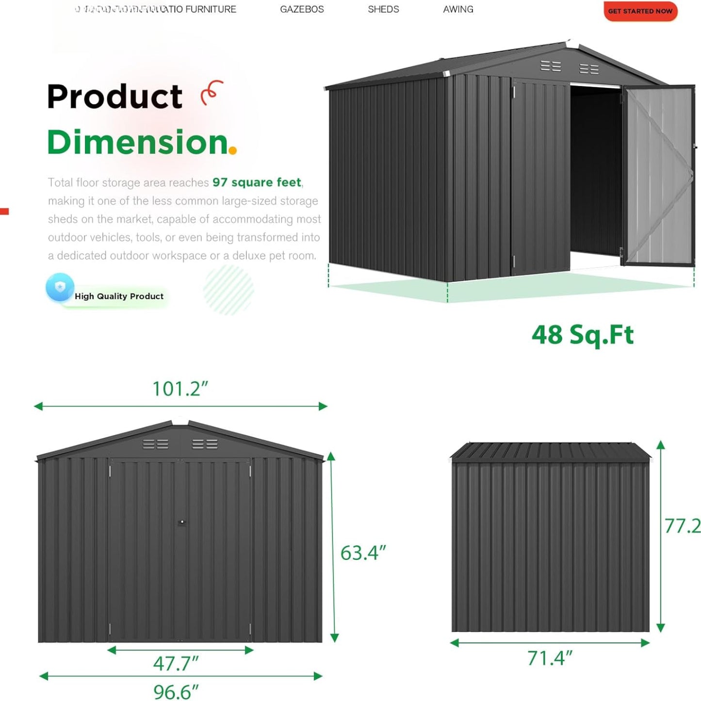 YODOLLA Shed 8' x 6' Metal Storage Shed for Ourdoor, Drak Grey