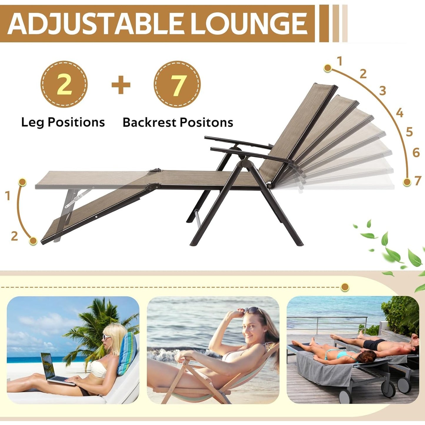 YODOLLA 7 Back & 2 Leg Adjustable Outdoor Chaise Lounge Chair, Brown