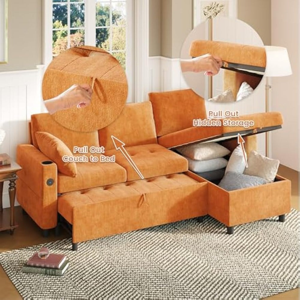 YODOLLA L-Shaped Sleeper Sofa, Pullout Bed, USB & Storage, Orange