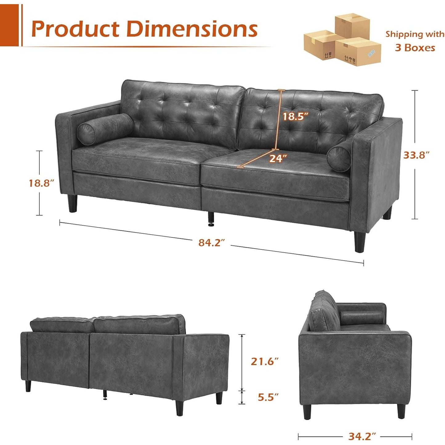 YODOLLA 84.2" 3-Seats Large Sofa Couch Couch, Faux Leather Gray