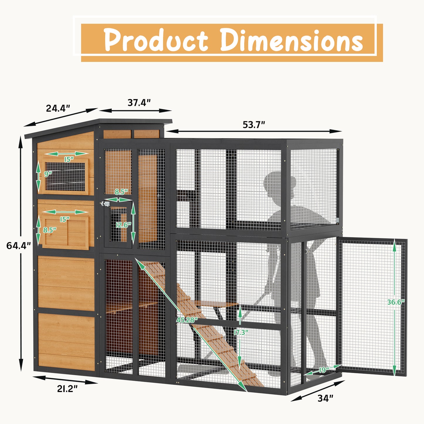 YODOLLA Large Spacious Cat Cage With Weatherproof Roof, Coffee