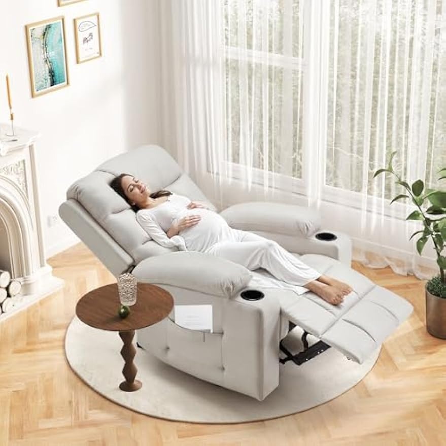 YODOLLA Wide Armrests Electric Recliner Nursery Chair, Faux Leather Beige