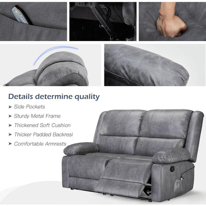 YODOLLA 2 Seat Loveseat Recliner with Heat&Massage Function, Faux Leather, Grey