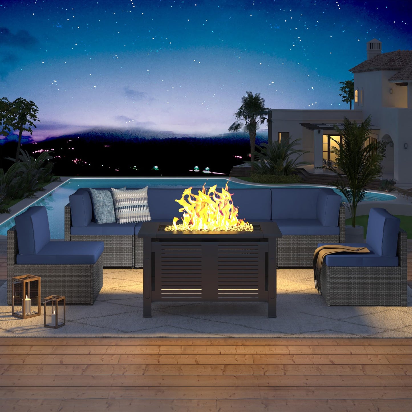 YODOLLA 7 Piece Outdoor Patio Furniture Set with Extra 43'' Fire Pit Table, Gray Rattan & Navy Cushion