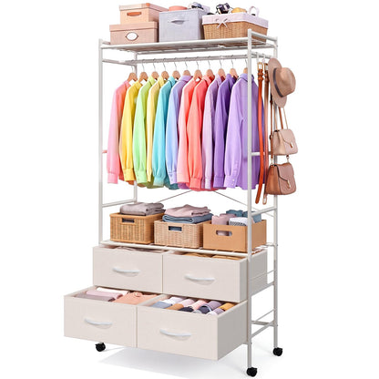 YODOLLA Rolling Clothes Rack with 4 Fabric Drawers, Portable Closet Organizer for Hanging Clothes
