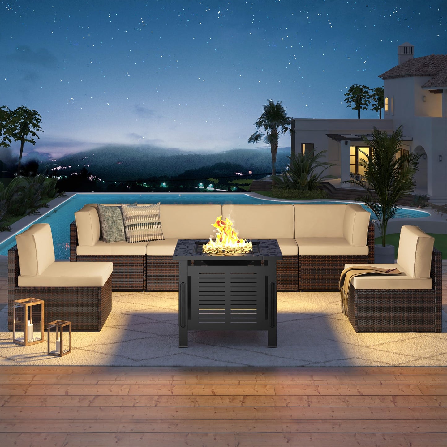 YODOLLA 7 Piece Outdoor Patio Furniture Set with 30 Inch Fire Pit Table, Brown Rattan Beige Cushion