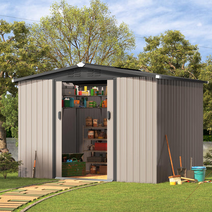 YODOLLA 8 x 6 Ft Outdoor Storage Tool Shed with Sliding Door, Grey
