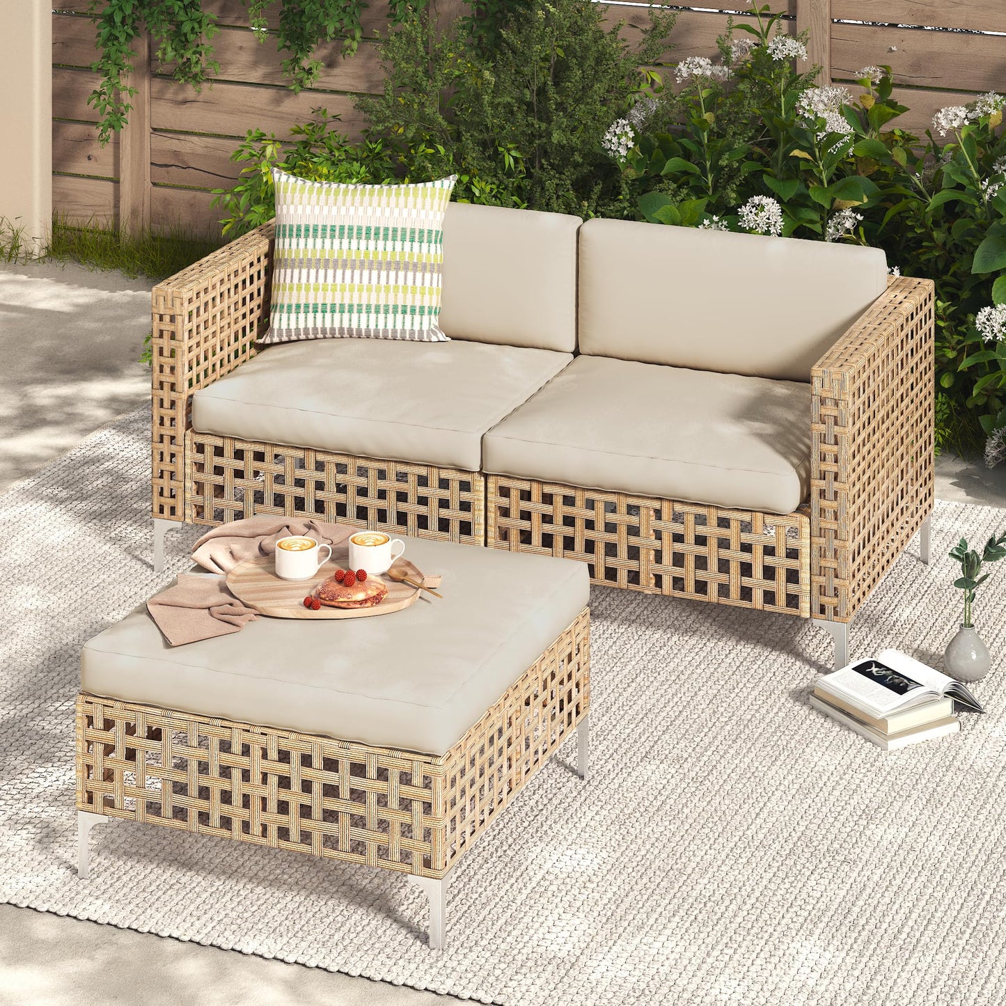 YODOLLA Outdoor Wicker Patio Furniture Sofa, Loveseat+Ottoman