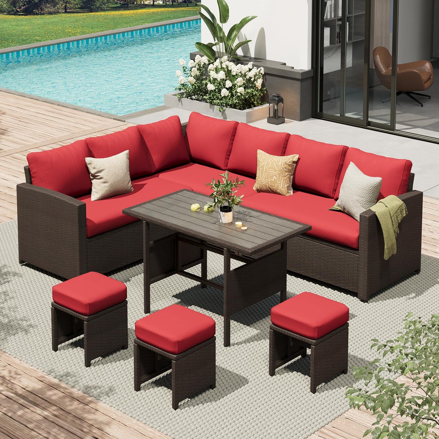 YODOLLA 7-Pc Patio Set, Brown Rattan & Red Cushion