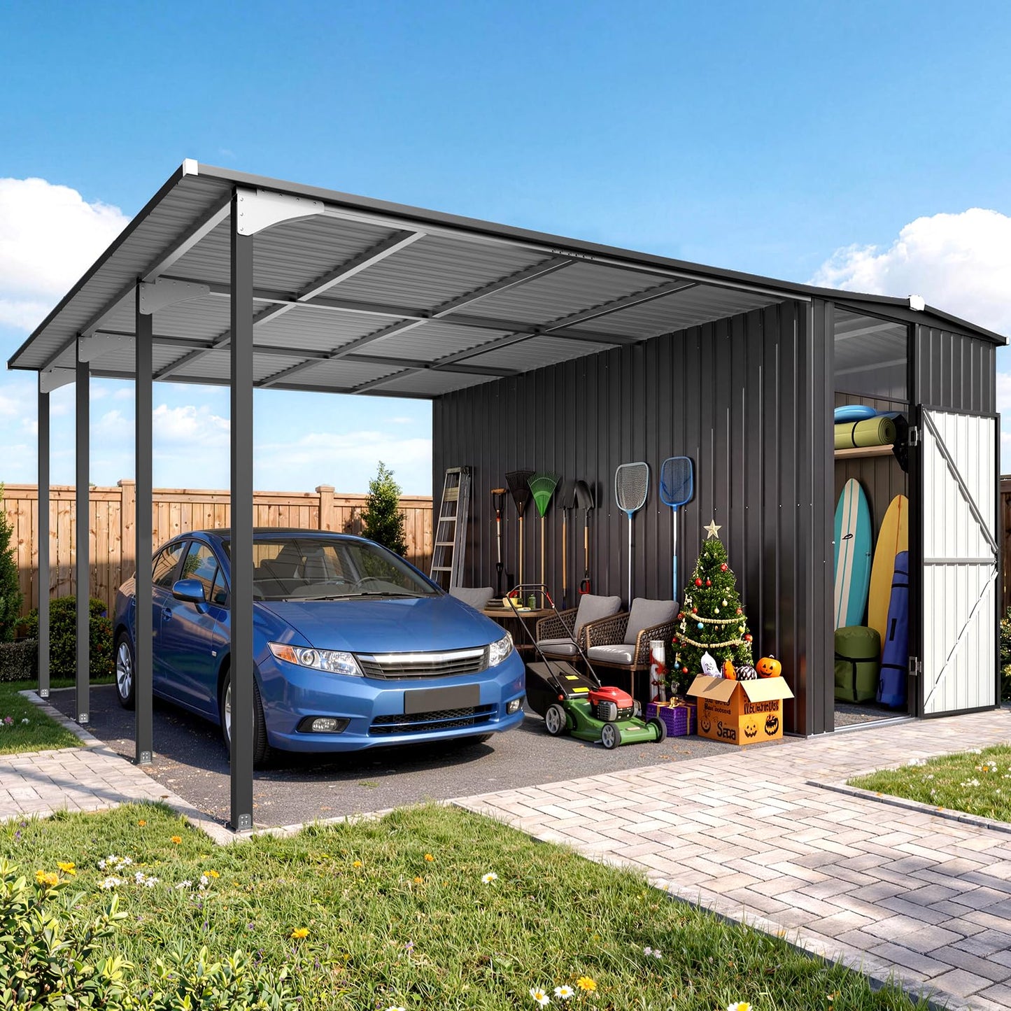 YODOLLA 12x16 Lean to Gazebo Metal Shed Combo, Hardtop Carport with Storage
