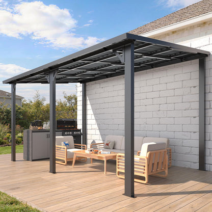 YODOLLA 14' x 8' Outdoor Hardtop Metal Gazebo Lean to Galvanized Steel Wall Mounted Pergolas