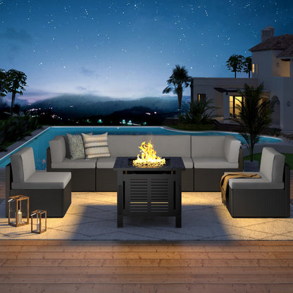 YODOLLA 7 Piece Outdoor Patio Furniture Set with 30 Inch Fire Pit Table, Black Rattan Dark Grey Cushion