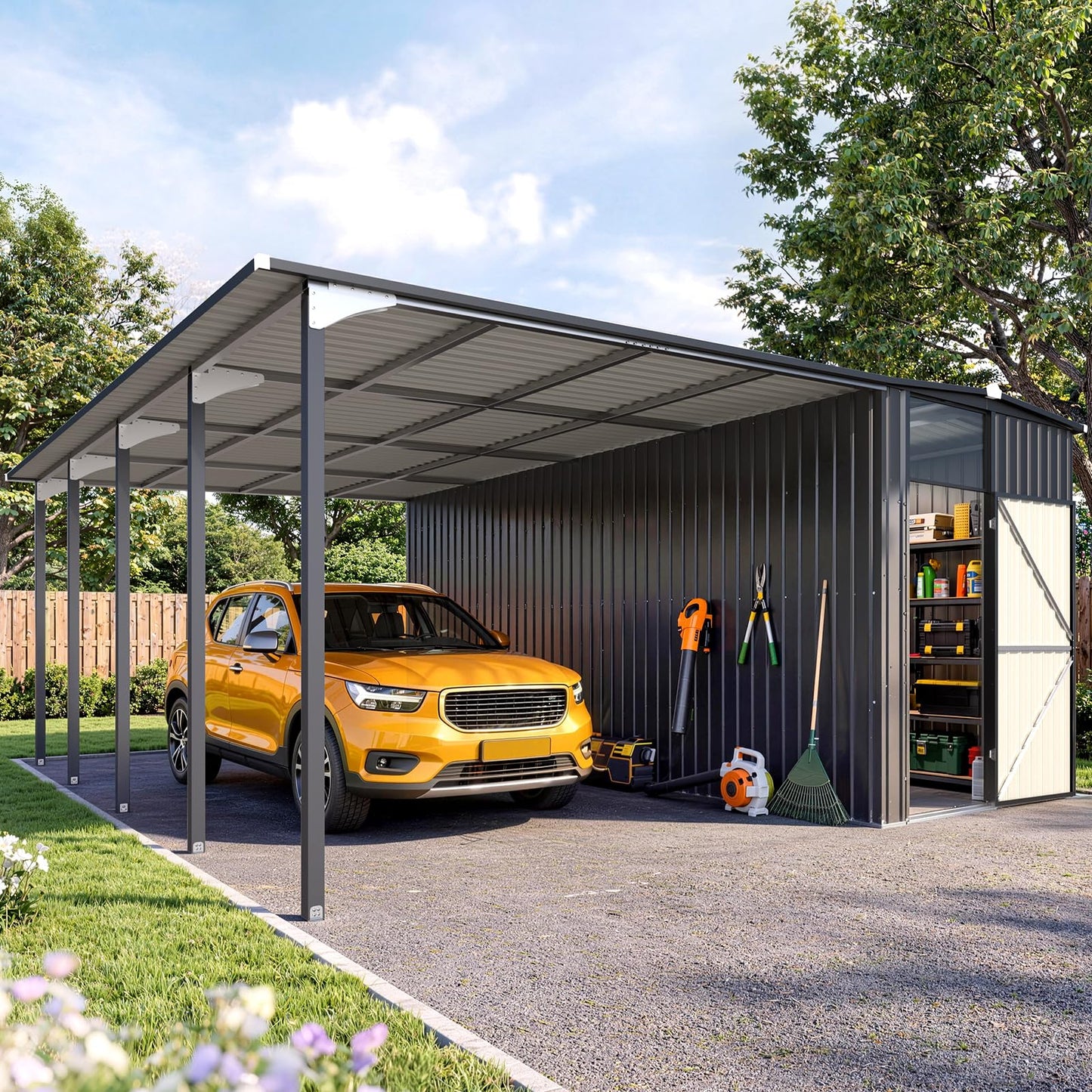 YODOLLA 16x16 Lean to Gazebo Metal Shed Combo, Hardtop Carport with Storage
